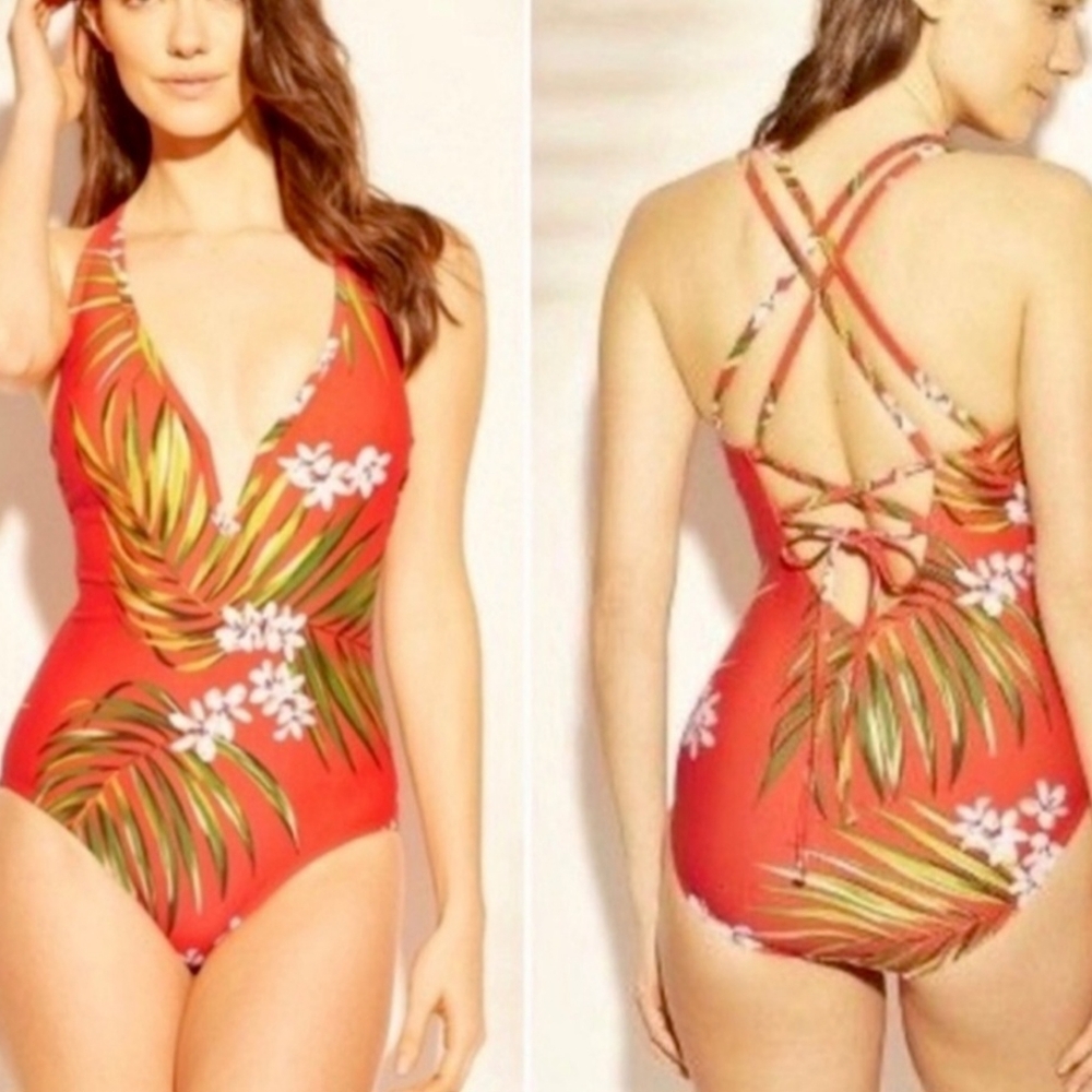 Kona Sol Tropical Print One-Piece Orange Green Vacation Beach Swimsuit Medium